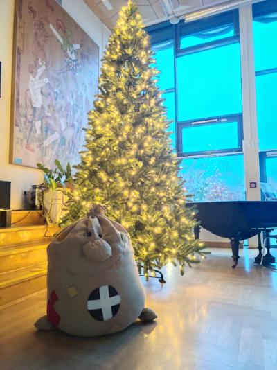 Weihnachtsbaum und Beutolom&auml;us in der Aula